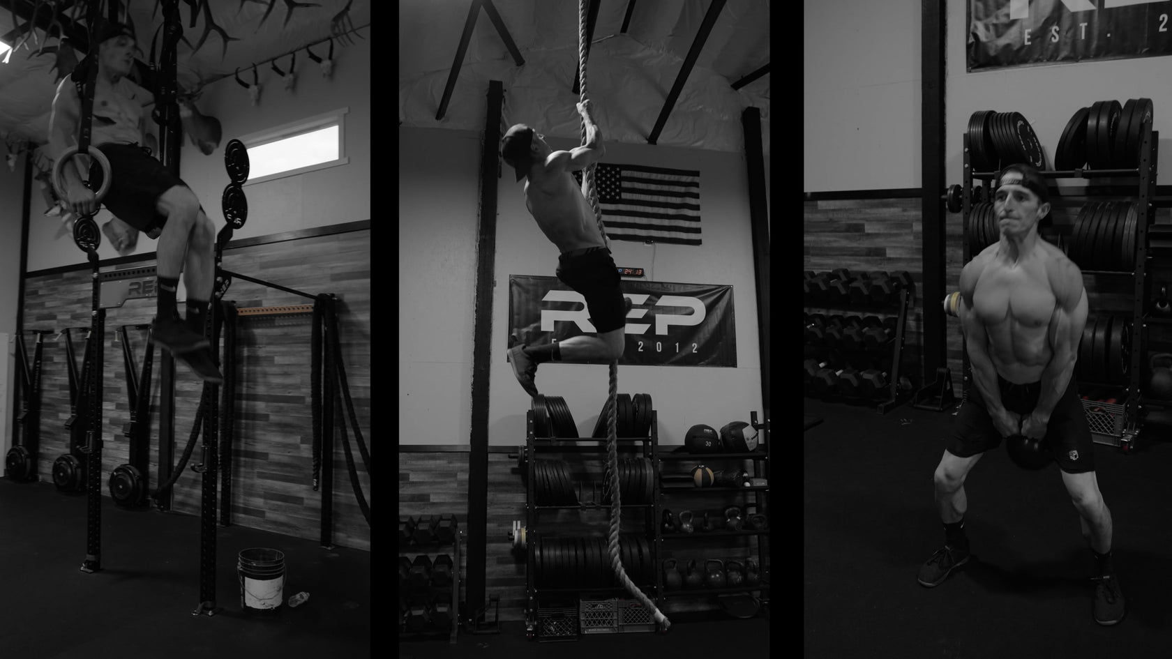 Dan staton doing muscle-ups rope climbs kettlebell swings